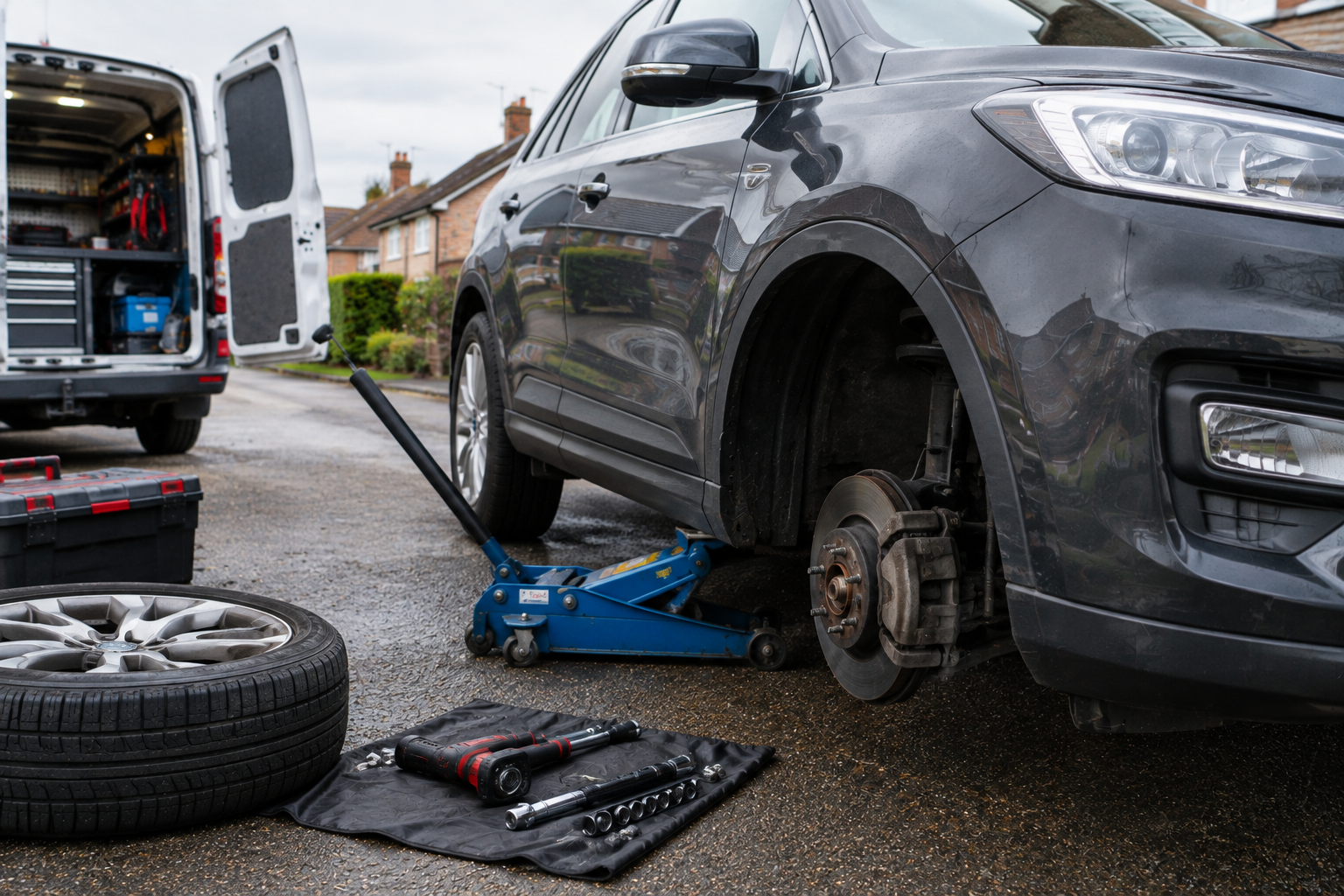 Car raised on a jack with a wheel removed, showing the brake disc, with a tyre and tools laid out on the road