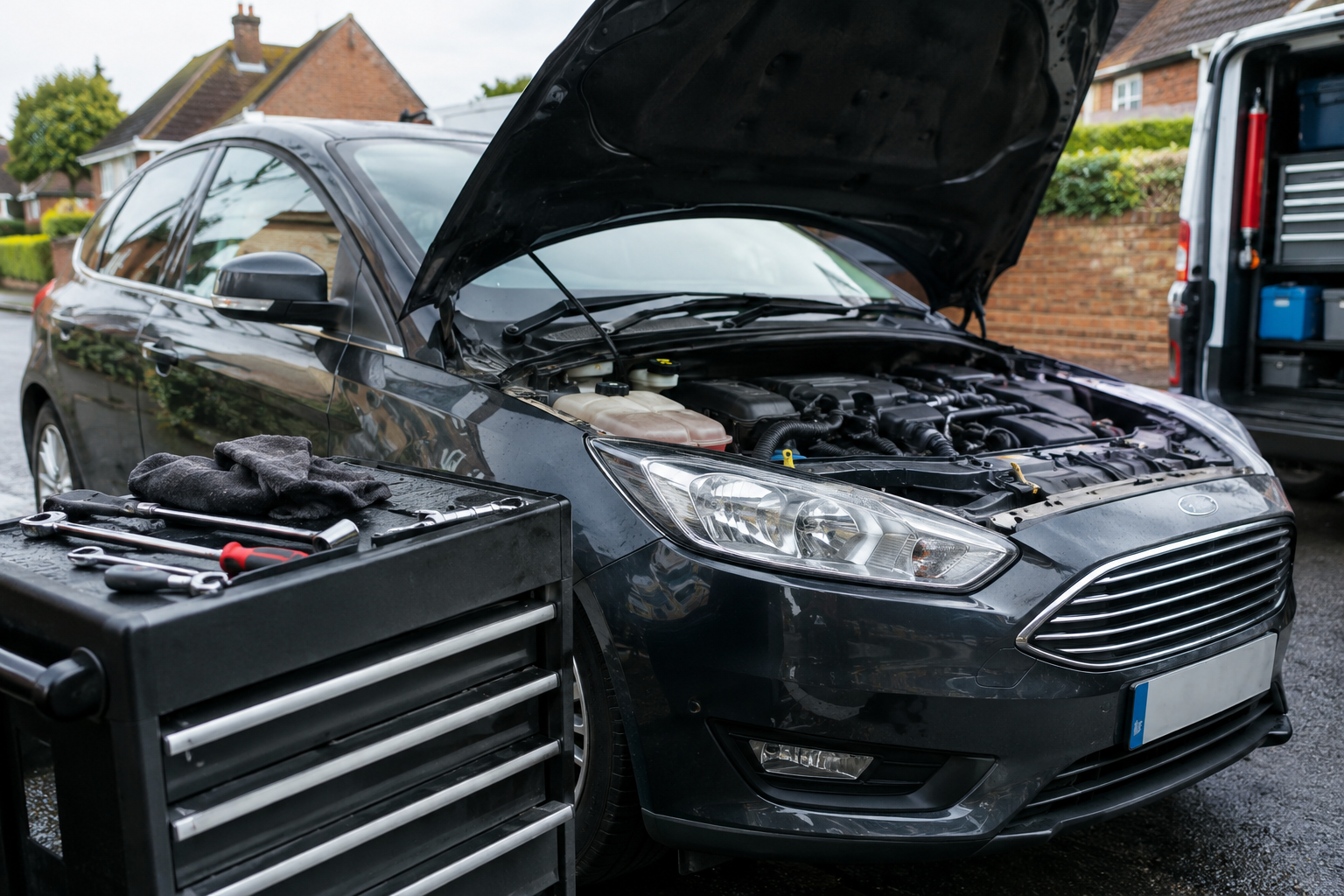 Car with its bonnet open beside a mechanic's tool chest and van