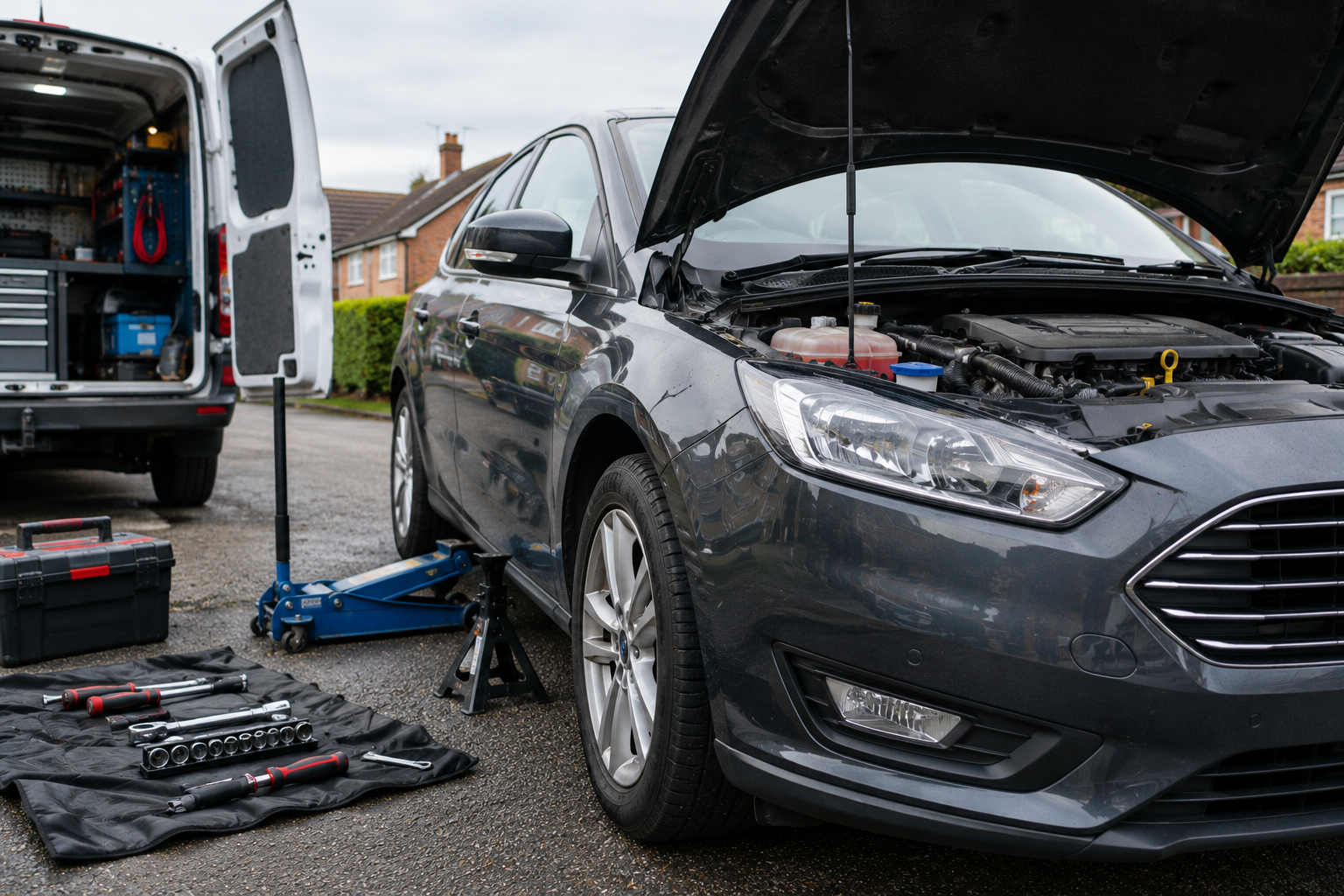 Mobile mechanic's van with its doors open and tools laid out beside a car with the bonnet up